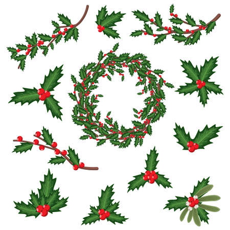 Christmas holly berry leaves, sprig, wreath and branches. Vector cartoon holiday decoration element set isolated on a white background.のイラスト素材