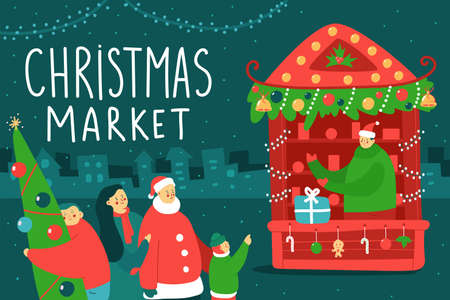 Christmas market vector cartoon illustration with happy family.のイラスト素材