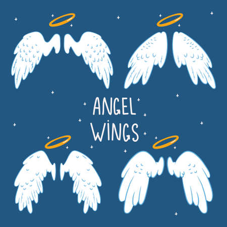 Cute angel wings with halo vector cartoon set isolated on blue background.のイラスト素材
