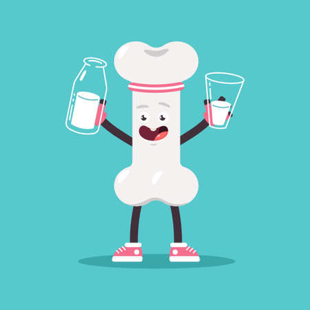 Cute bone with milk in bottle and glass. Vector cartoon human internal organ character isolated on background.のイラスト素材