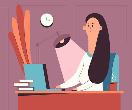Cute woman work at home office vector cartoon illustration.のイラスト素材