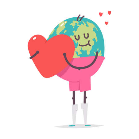 Cute earth character hugs the heart vector cartoon character isolated on a white background.のイラスト素材