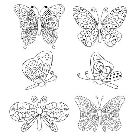 Butterflies black silhouettes vector cartoon set isolated on a white background.のイラスト素材