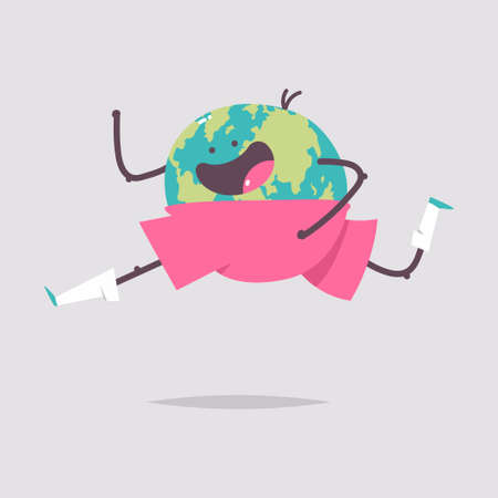 Funny earth running vector cartoon character isolated on a white background. Health day concept illustration.のイラスト素材