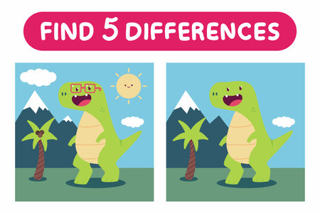 Find five differences. Education game with cute dinosaurs vector cartoon illustration.のイラスト素材