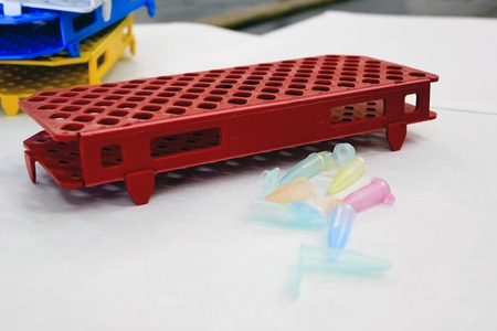 Color Microtubes in red rackの写真素材
