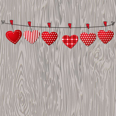 Red vector hearts hanging on texture wood background. Eps 10 vectorのイラスト素材