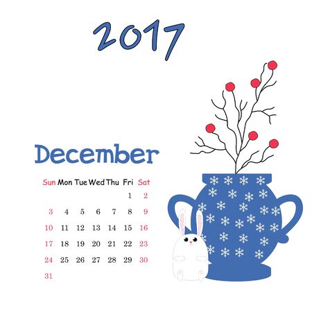 Vector cute calendar template for december 2017 with vase and funny hareのイラスト素材
