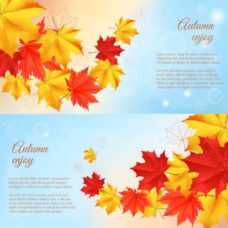 Autumn orange, red, yellow maple leaves in curved line on blue background.のイラスト素材