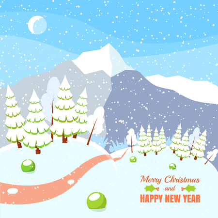 Winter landscape with powdered mountains, trees, spruces in forest on snow-covered ground.Vector illustration. Flat style. Concept for winter, Christmas, New Year congratulation business card, flyer.のイラスト素材