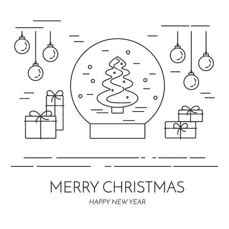 Christmas horizontal banner with glass ball, gifts, decorations. Linear stile. Vector illustration. Black and white concept for Christmas, New Year congratulation, sale, business card, sales flyer.のイラスト素材