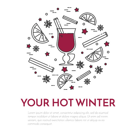 Winter horizontal mulled wine banner. Flat linear stile. Vector illustration. Black and white concept for winter, Christmas, New Year congratulation, sale, business card, sales flyer.のイラスト素材