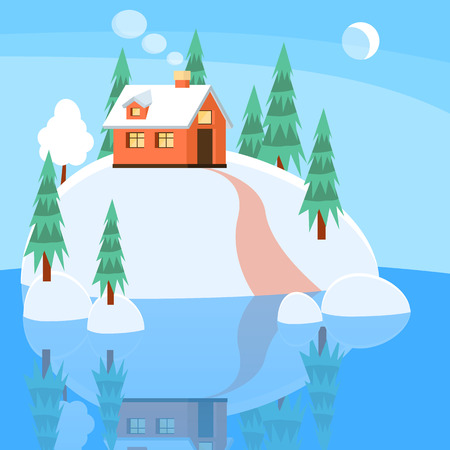 Winter landscape with powdered house, trees, spruces on snow-covered ground on lake.Vector illustration. Flat style. Concept for winter, Christmas, New Year congratulation, sale, business card, flyer.のイラスト素材