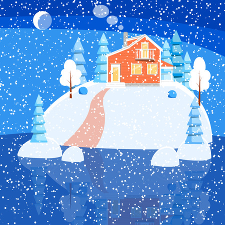 Winter landscape with powdered house, trees, spruces on snow-covered ground on lake.Vector illustration. Flat style. Concept for winter, Christmas, New Year congratulation, sale, business card, flyer.のイラスト素材