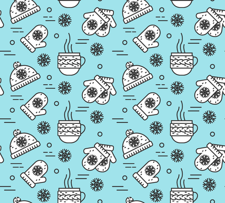 Winter seamless pattern with cup of tea, mittens, and hat. Flat linear stile. Vector illustration. Concept for winter, Christmas, New Year congratulation, website, textile pattern, wallpaper, wrappingのイラスト素材