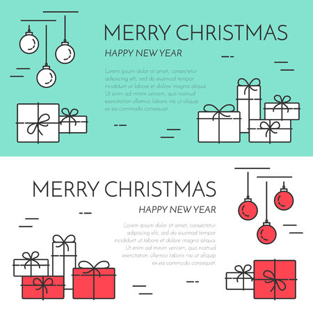 Christmas and New Year horizontal banner with gifts and decorations. Flat linear style vector illustration. Concept for winter, Christmas, New Year congratulation, sale, business card, sales flyer.のイラスト素材