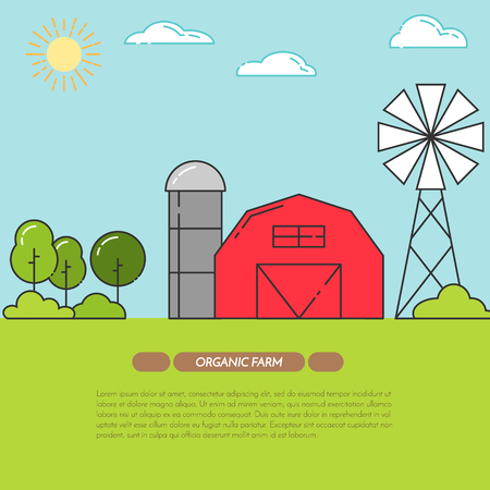 Farmhouse horizontal banner. Farm landscape with barn, windmill. Concept for farmer business, farming, organic, eco, fresh, bio, agricultural products advertise Flat linear vector illustrationのイラスト素材