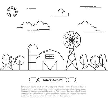 Farmhouse horizontal banner. Farm landscape with barn, windmill. Black and white concept for farming, organic, eco, fresh, bio, agricultural products advertise Flat line art vector illustrationのイラスト素材