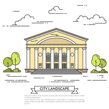 City landscape with theater, cinema or government house. Vector. Flat line art style. Concept for building, housing, real estate market, architecture design, property investment flyer, banner, card.のイラスト素材