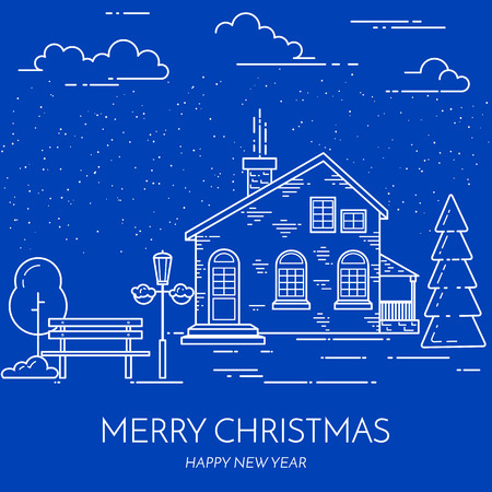 Winter, Christmas, New Year city suburb landscape. Vector illustration. Line art. For building, housing, real estate market, architecture design, property investment congratulation flyer, banner cardのイラスト素材
