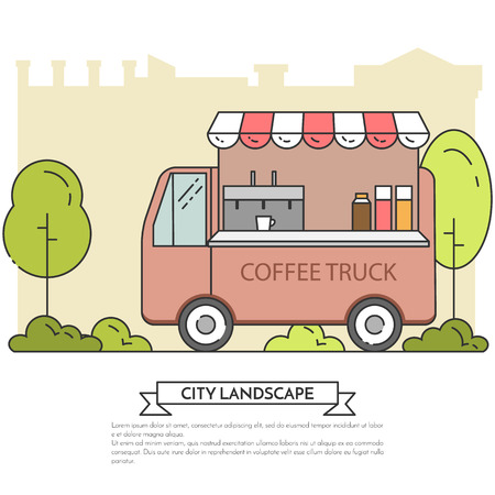 City landscape with coffee truck in central publuc park. Vector illustration. Line art. Concept for building, housing, real estate market, architecture design, property investment flyer, banner, card.のイラスト素材