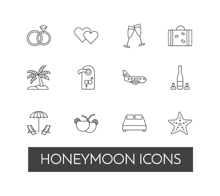 Set of thin line icons with honeymoon symbols. Wedding trip pictograms. Line icons of rings, hearts, airplane, palm on island and other. Elements for websites, banners, infographic illustrations.のイラスト素材