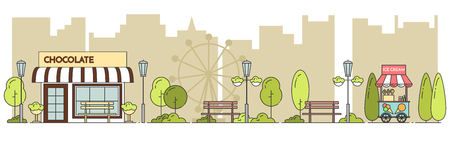 Horizontal city landscape with central public park. Vector illustration. Flat line art. Concept for building, housing, real estate market, architecture design, property investment flyer, banner, card.のイラスト素材