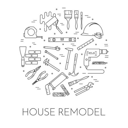 House remodel horizontal banner. Element for house repair, building or renovation company. Pictograms of different building tools and materials for banner, card, flyer. Vector illustration. Line styleのイラスト素材