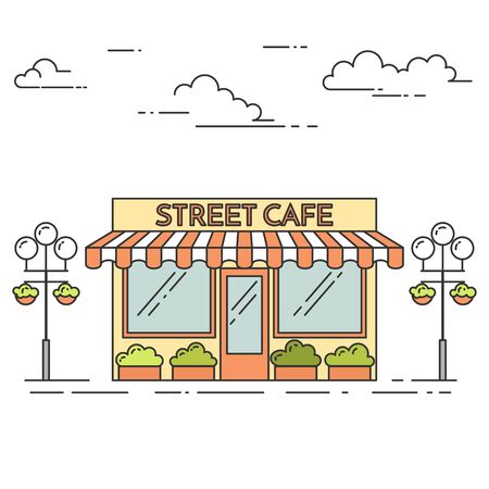 Street cafe with lamps, flowers on white background. Vector illustration. Line art. Elements for building, housing, real estate market, architecture design, property investment flyer, banner, cardのイラスト素材