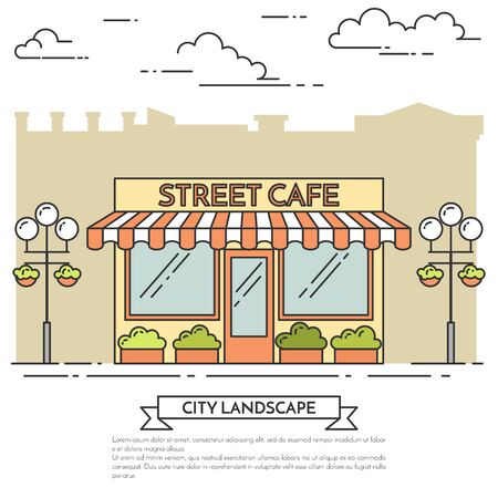 Street cafe with lamps, flowers on white background. Vector illustration. Line art. Elements for building, housing, real estate market, architecture design, property investment flyer, banner, cardのイラスト素材