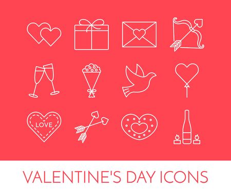 Line thin icons for Saint Valentine's day and date theme. Set of elements for greeting card, banner, flyer. Pictograms of love for website, banner, infographic, marketing material. Vector illustrationのイラスト素材