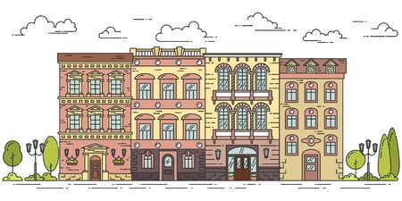 City landscape with houses, trees and clouds. Vector illustration. Flat line art style. Concept for building, housing, real estate market, architecture design, property investment , banner, card.のイラスト素材