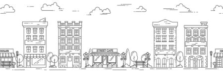 City landscape horizontal seamless pattern with houses, park, cafe. Linear vector illustration. For building, housing, real estate market, architecture design, property investment  banner, cardのイラスト素材