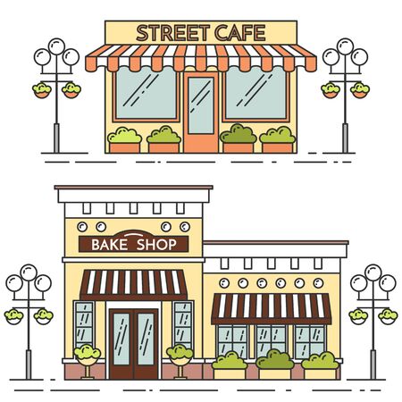 Set of street cafes isolated on white background. Vector illustration. Line art. Elements for building, housing, real estate market, architecture design, property investment flyer, banner, cardのイラスト素材