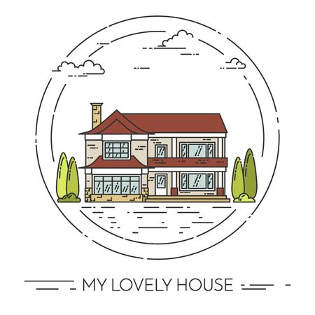 Suburb landscape with private separate house, yard on white background. Vector illustration. Flat line art style.のイラスト素材