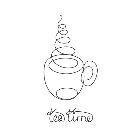 Continuous line cup of hot tea or coffee with steam. Black and white vector illustration. One line drawing. Hand drawn element for cafe logo, inviting card, banner, sale poster, flyer.のイラスト素材