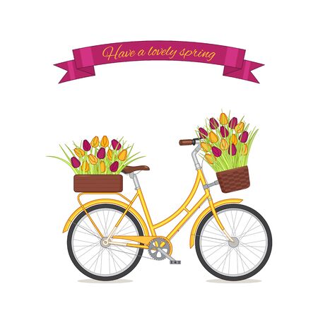 Yellow retro bicycle with tulip bouquet in floral basket and box on trunk. Color bike isolated on white background. Flat vector illustration.Cycle with spring flowers for congatulation banner,cardのイラスト素材