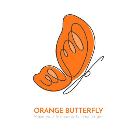 Continuous line butterfly with orange pattern on wings. Vector illustration. One unbroken line drawing with decoration on white background. Abstract concept for logo, card, banner, poster flyerのイラスト素材