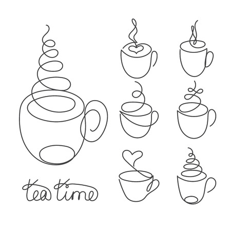 Set of continuous line cups of hot tea or coffee with steam. Black and white isolated vector illustration.のイラスト素材