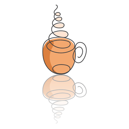 Continuous line cup of hot drink with steam, colored in brown, and reflection. Vector illustration. One line drawing.のイラスト素材