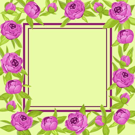 Purple vintage flowers around frame with copyspace. Tender retro banner with peonies.Vector illustration.Abstract elegance background for wedding invitation, marriage card, congratulation, advertiseのイラスト素材