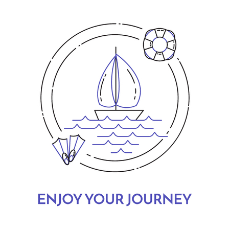 Traveling horizontal banner with sailboat on waves, flippers and lifebuoy for trip, tourism, travel agency, hotels, recreation card.のイラスト素材