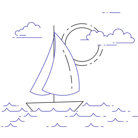 Traveling horizontal banner with sailboat on waves, sun and clouds for trip, tourism, travel agency, hotels, recreation card.のイラスト素材