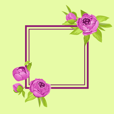 Purple vintage flowers around frame with copyspace. Tender retro banner with peonies. Abstract elegance background for wedding invitation.のイラスト素材