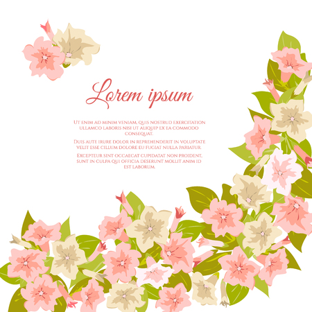 Pink pastel vintage flowers around white background. Tender retro banner. Vector illustration. Abstract elegance background for wedding invitation, marriage card, congratulation banner, advertise.のイラスト素材