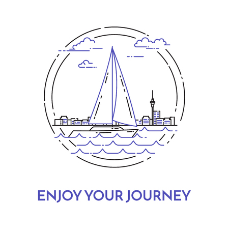 Traveling horizontal banner with sailboat on waves on city skyline background. Flat line art elements. Vector illustration. Concept for trip, tourism, travel agency, hotels, recreation card, banner.のイラスト素材