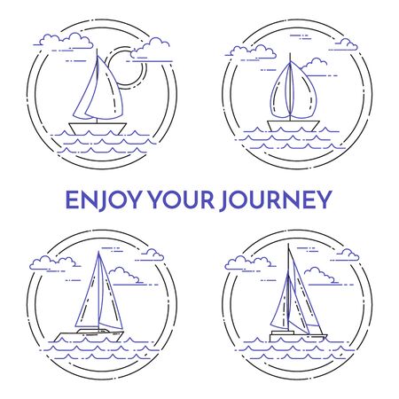 Set of travel horizontal banners with sailboat on waves, clouds, sun in circle. Flat line art elements. Vector illustration.Concept for trip, tourism, travel agency, hotels, recreation card.のイラスト素材