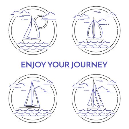 Illustration for Set of travel horizontal banners with sailboat on waves, clouds, sun in circle. Flat line art elements. Vector illustration.Concept for trip, tourism, travel agency, hotels, recreation card. - Royalty Free Image