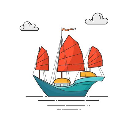 Color ship with red sails in the sea. Traveling banner with sailboat on waves. Abstract skyline. Flat line art. Vector illustration. Trip, tourism, travel agency, hotels, vacation card.のイラスト素材