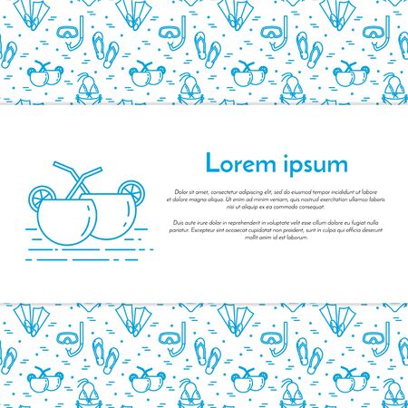Traveling horizontal banner with beach cocktails. Seamless pattern with sea rest accessories. Flat line art. Vector illustration. Concept for trip, tourism, travel agency, hotels business card.のイラスト素材